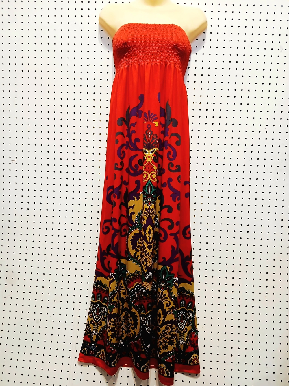Forever 21 Red Strapless Maxi Dress with Ornate Multicolor Print